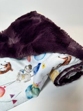 🦊 Woodland Animal Baby Blanket Balloon Print | Soft Plush Minky Purple Back